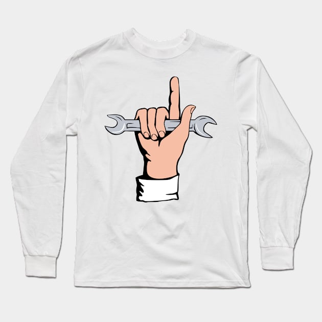 Hand Holding Spanner and Pointing Up Retro Long Sleeve T-Shirt by retrovectors